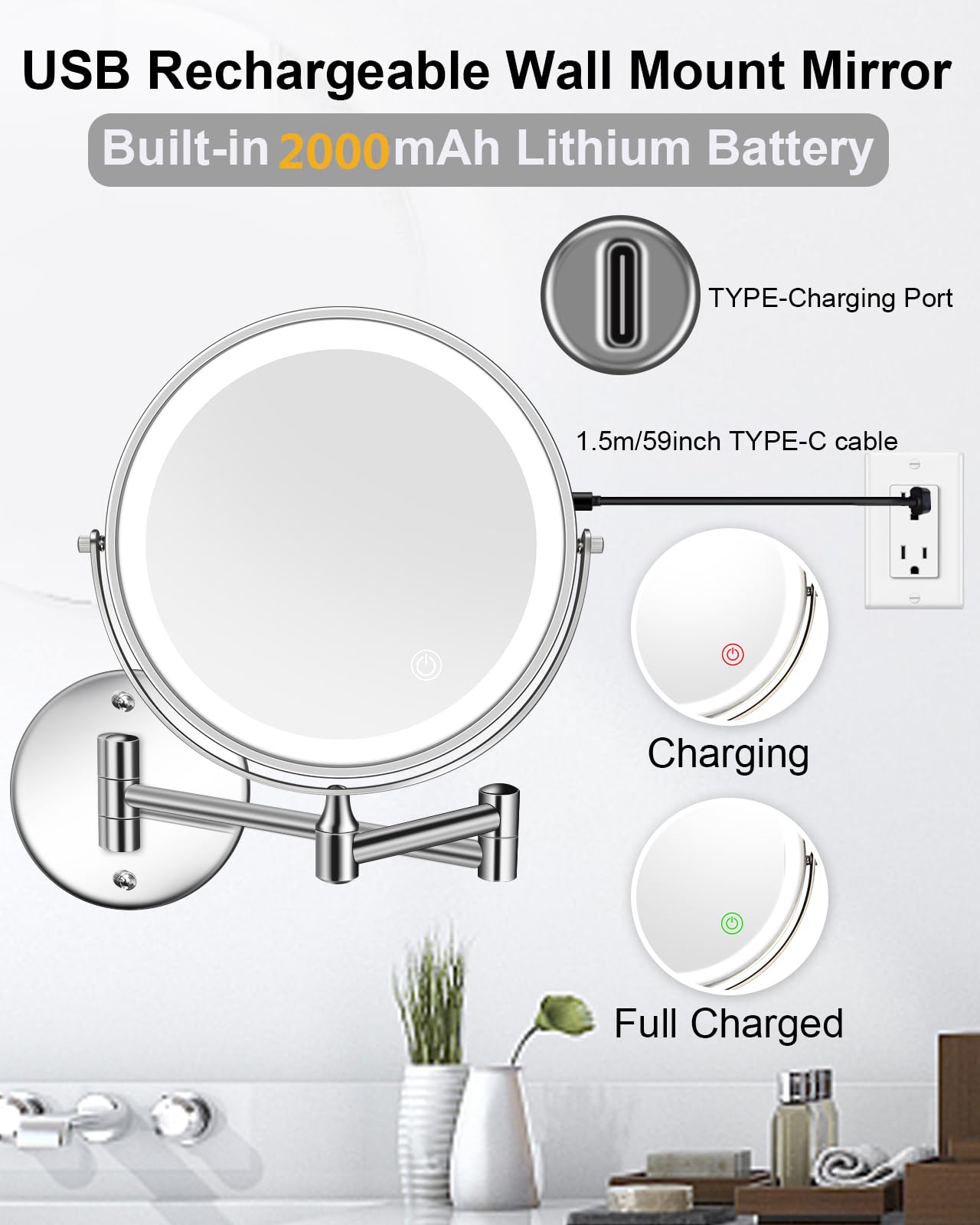 Rechargeable Lighted Wall Mounted Makeup Mirror, 8" Double-Sided 1X/10X Magnifying Bathroom Mirror with 3 Color Lighting, Touch Screen Dimmable 360°Swivel 13 Inch Extendable Chrome Vanity Mirror