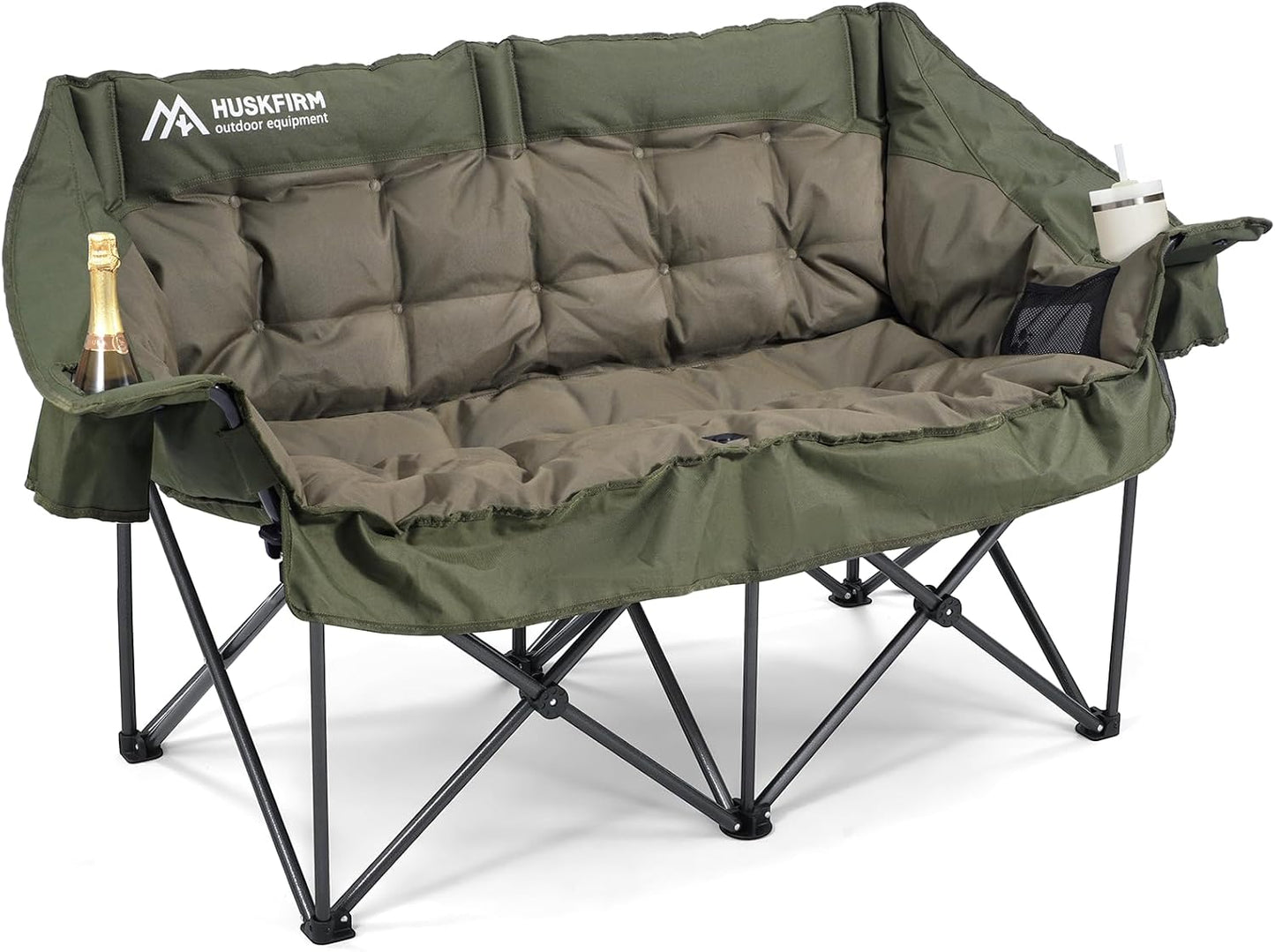 Skiennix Double Camping Chairs - Padded Loveseat for 2 Adults | Heavy-Duty Folding Couch with Cup Holders, Green