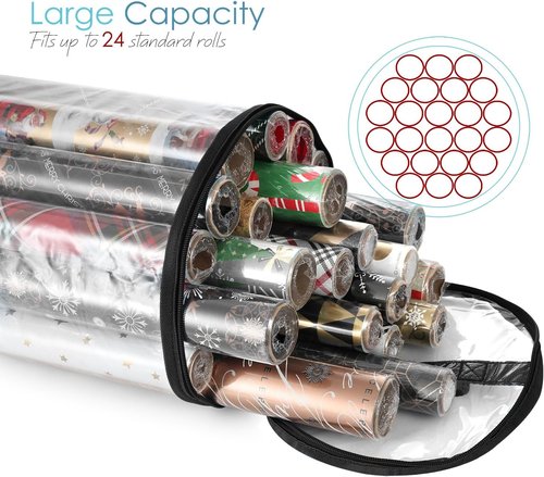 Hearth & Harbor Wrapping Paper Storage Container - Clear Holder for 14 Rolls | Tear-Proof Gift Organizer