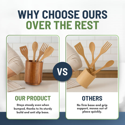 Linda's Essentials Acacia Wooden Utensil Holder for Kitchen Counter, 7.2" Wood Utensil Holder Counter, Kitchen Utensils Holder with 360° Rotation, Non-Slip Large Utensils Holders, Spatula Holders