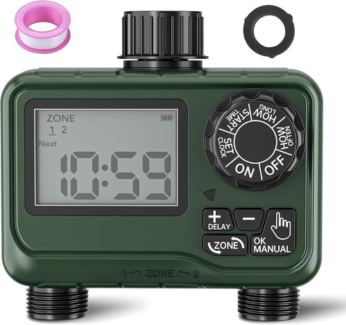 BN-LINK Sprinkler Timer - 2-Zone Programmable Water Timer with Rain Delay for Lawns & Gardens | Waterproof LCD Display