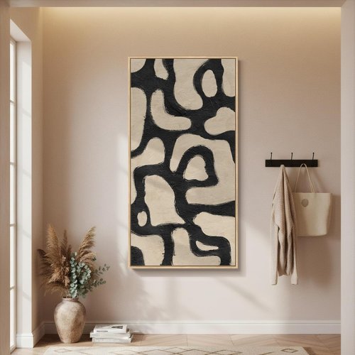 Framed Neutral Abstract Wall Art - Extra Large Black & Beige Canvas Print | Modern Mid-Century Decor 30x60 Inch