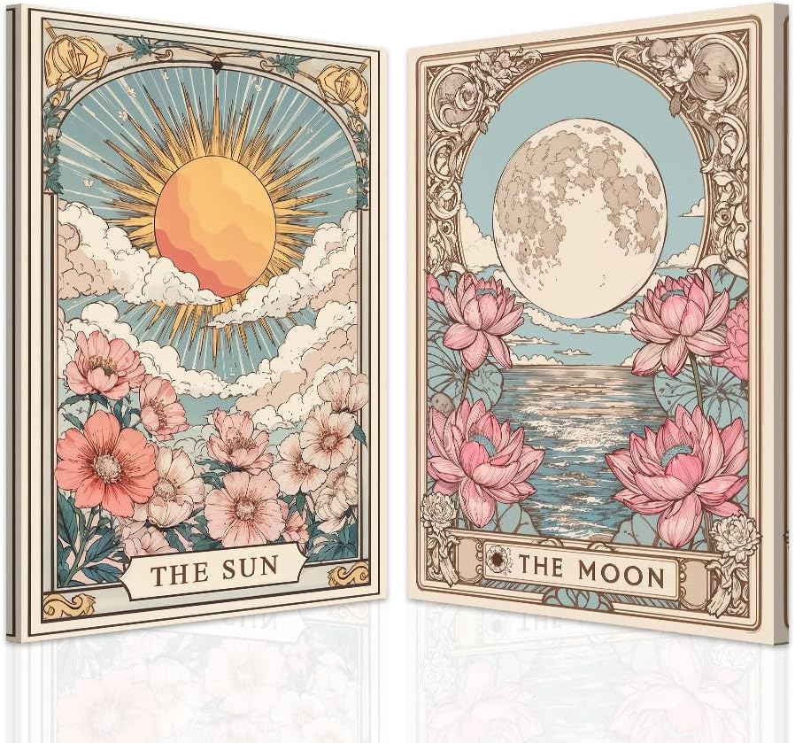SWQYLB Celestial Sun Moon Wall Art Set - Floral Tarot Canvas Prints for Bedroom Decor (12"x16"x2)