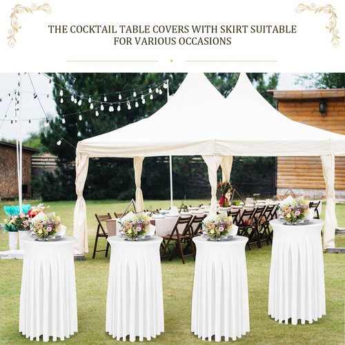 BDDC Cocktail Table Covers - 2 Pack 32"x 43" White Cocktail Table Tablecloth with Natural Wavy Round Skirt for Bar Wedding Party Banquet