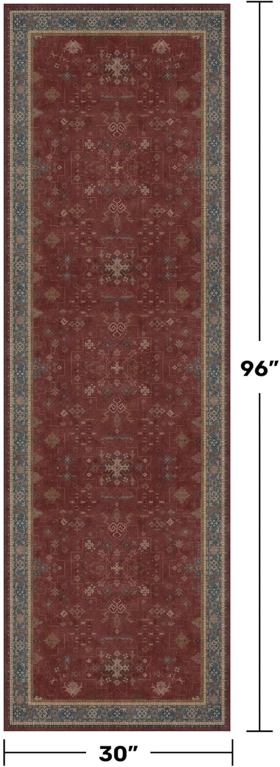 Regine Switzerland Dark Red 2'6''x8' Hallway Runner Rug - Washable Non-Slip Burgundy Floral Décor