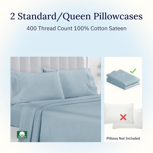 California Design Den Pillowcase Set | Standard Queen Size - 400 Thread Count, 100% Cotton Sateen, Soft Sky Blue - Set of 2