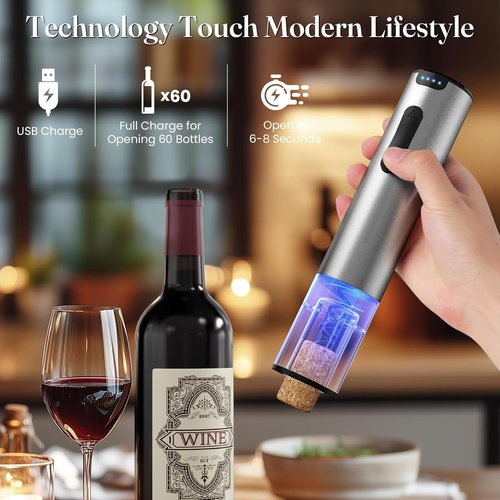 HomeHacks Electric Wine Opener - Automatic Opener with Foil Cutter & Vacuum Stopper | Rechargeable Gift for Wine Lovers