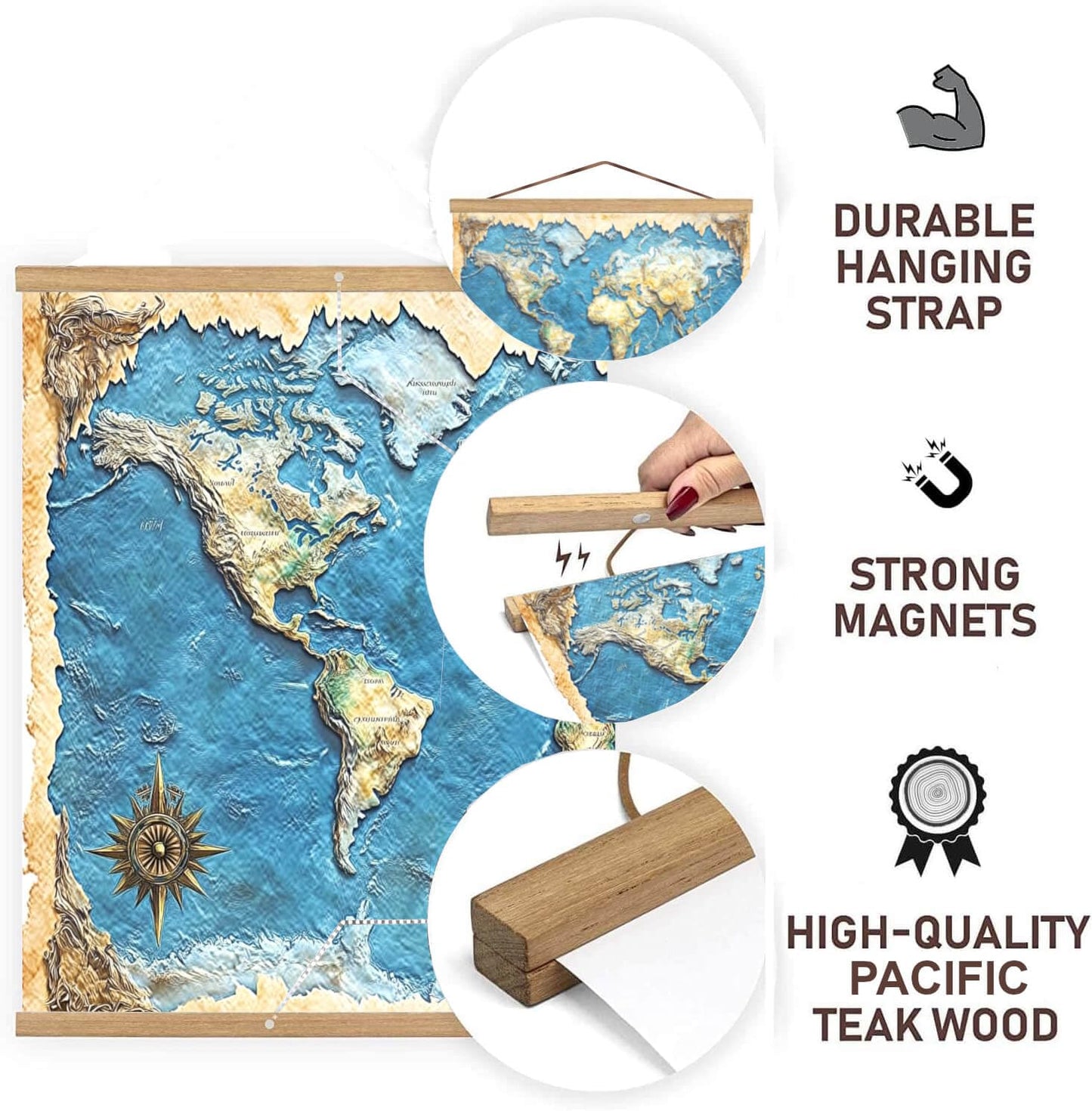 DACRI HOME Magnetic Poster Hanger Frame, Sturdy Magnetic Poster Frame 27x40, 27x41 with Teak Wood, Strong Magnets for Hanging Prints, Maps, Pictures, Scroll Wall Art (27 Inch, Teak)