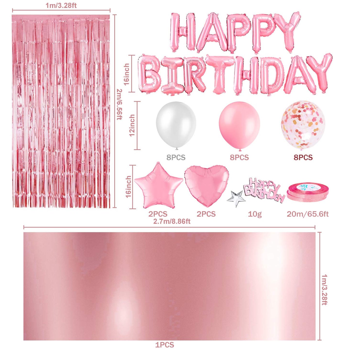 MOVINPE Pink Birthday Party Decoration, Happy Birthday Banner, Rose Gold Fringe Curtain, Foil Tablecloth, Heart Star Foil Confetti Balloons, 10g Table Confetti for Women Girl Birthday Party