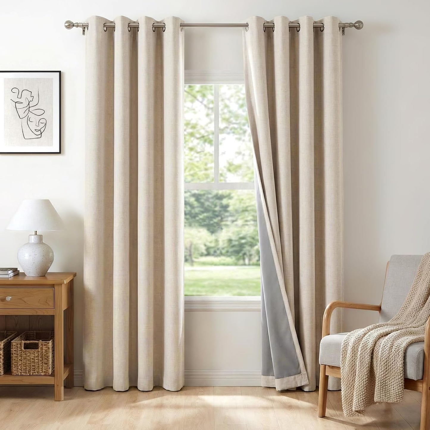 Skiennix 100% Blackout Linen Curtains - Thermal Insulated Oatmeal Drapes for Bedroom | 50" W x 84" L, 2 Panels