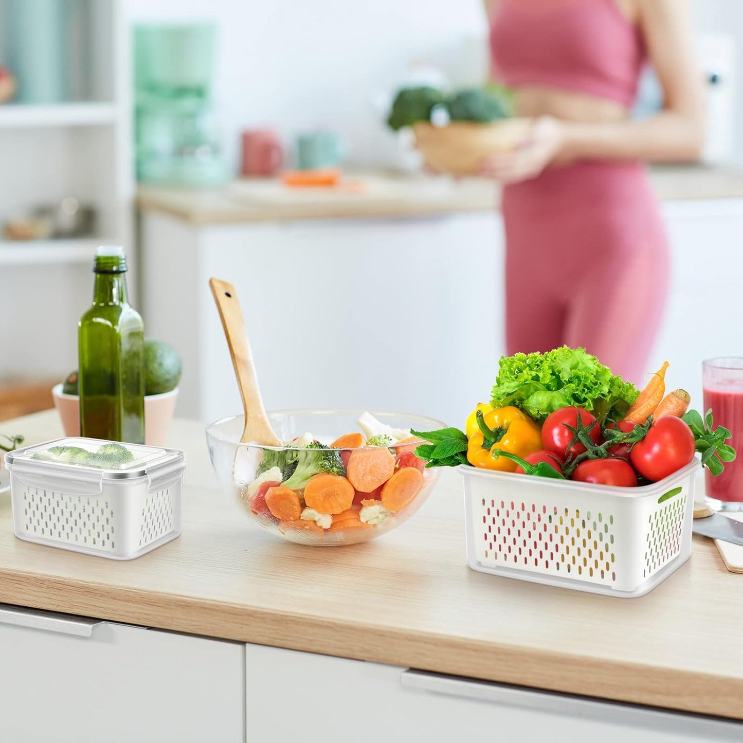 Skiennix 8-Piece Fruit Storage Containers - BPA-Free Plastic with Removable Colander for Fridge