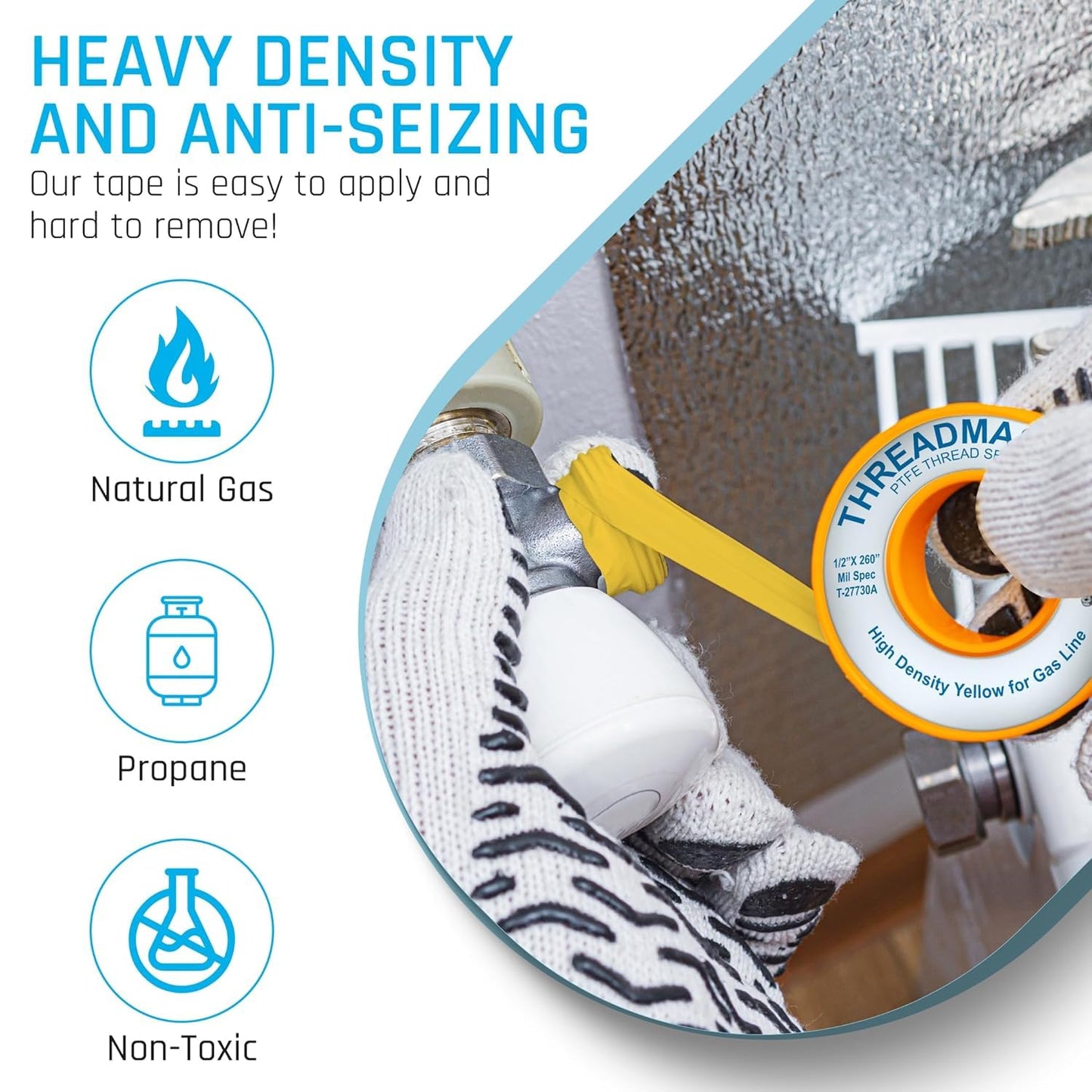 TAPEWELL Yellow Gas Pipe Thread Sealant Tape - 1/2" Width | Ideal for Propane & Natural Gas
