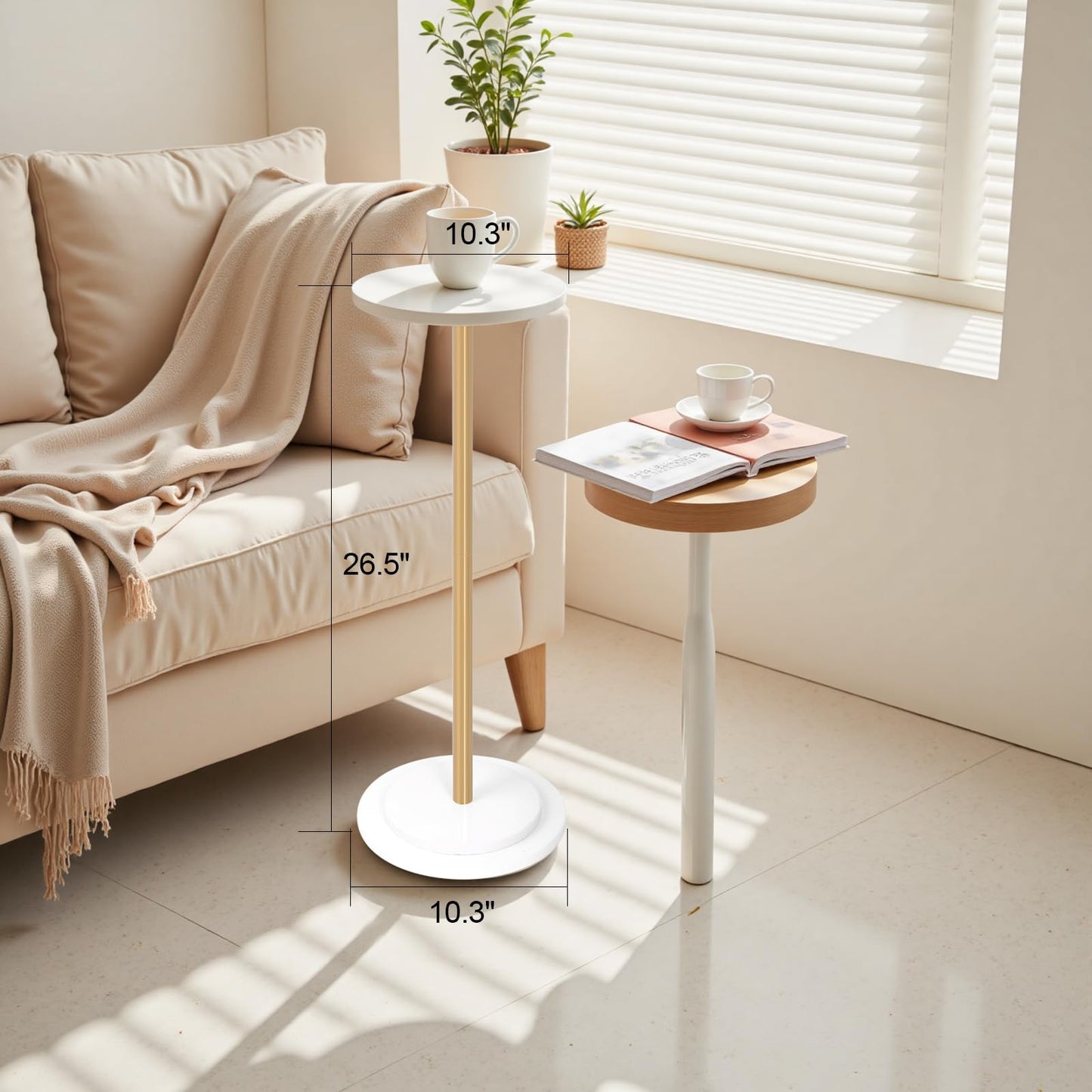 OIKASSU Premium Stone Round Drink Table,Heavy Duty Stone Base Top Pedestal,Cocktail Accent End Table for Living Room,Waterproof, Weighted Base Small Accent Side Table for Small Space Office,White