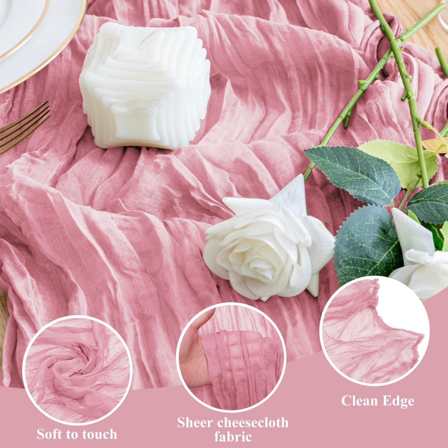 Wokceer Cheesecloth Table Runner - 10FT Pink Boho Gauze for Rustic Party & Wedding Decor | 6-Pack