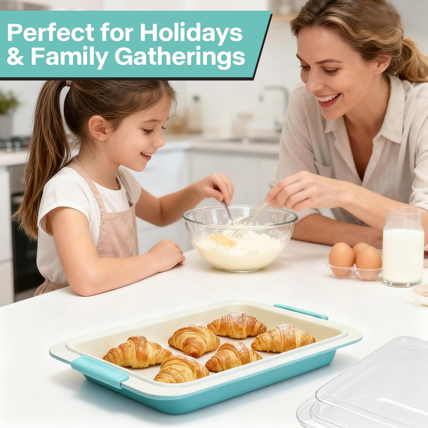 Spmarkt 13x9 Inch Baking Pan with Lid, Heavy-Duty Nonstick Aluminized Steel Baking Pan with Silicone Grip Handles, Bake Cover & Carry Pan for Brownies, Lasagna, Casseroles, Roasting & Potlucks