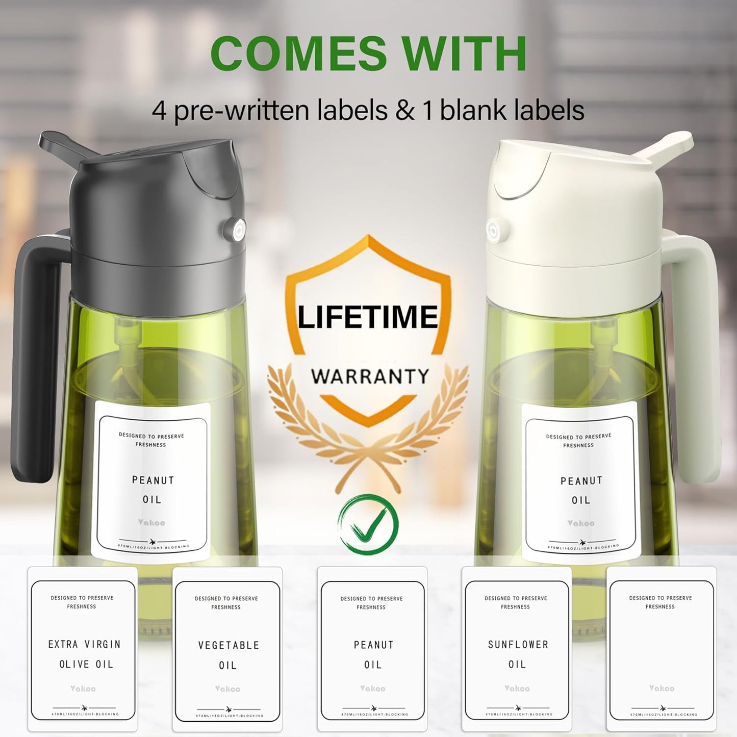 Vakoo 2 in 1 Oil Sprayer - 16oz Dark Glass Olive Oil Dispenser for Cooking & BBQ (Black/White)