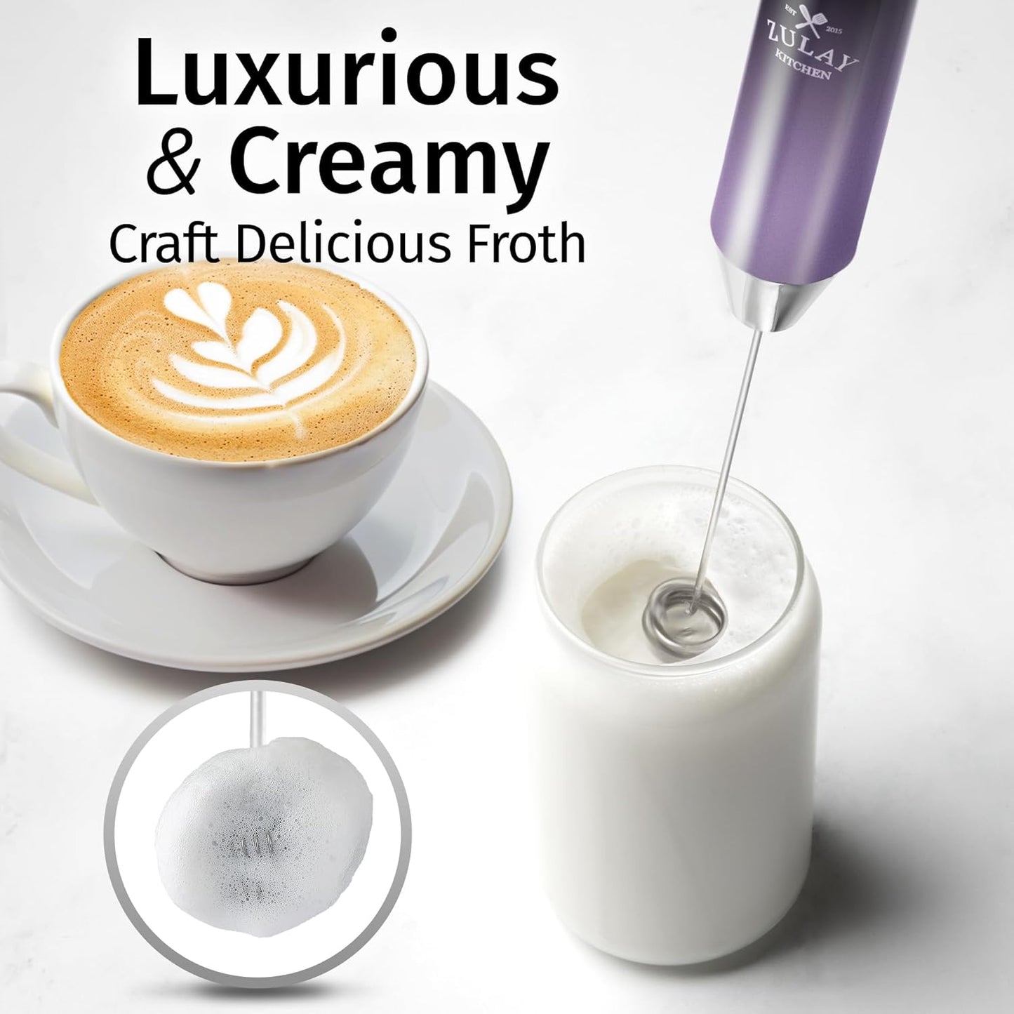 Zulay Kitchen Rechargeable Milk Frother - Powerful 2-Speed Motor, Waterproof, 2000mAh Battery | Perfect for Lattes, Cappuccinos, Matcha & Protein Drinks - Lux Galaxy