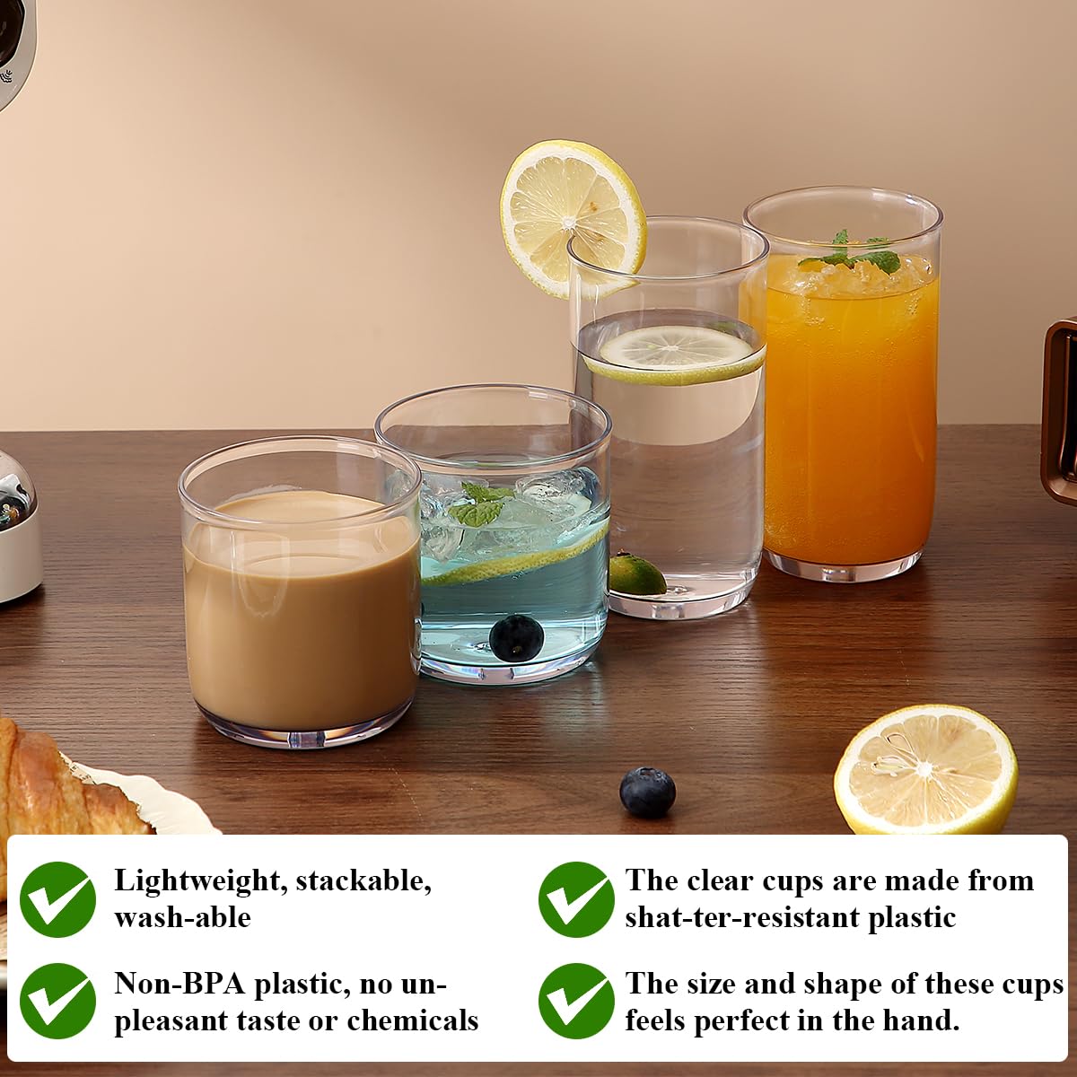 Kyraton Drinking Glasses Set of 12, PET Clear Plastic Highball Glasses 14oz & Whisky Cocktail Glasses Set 11.5oz, Heavy Duty Unbreakable Water Glasses Cup Tumbler Glassware for Beer, Juice, Milk