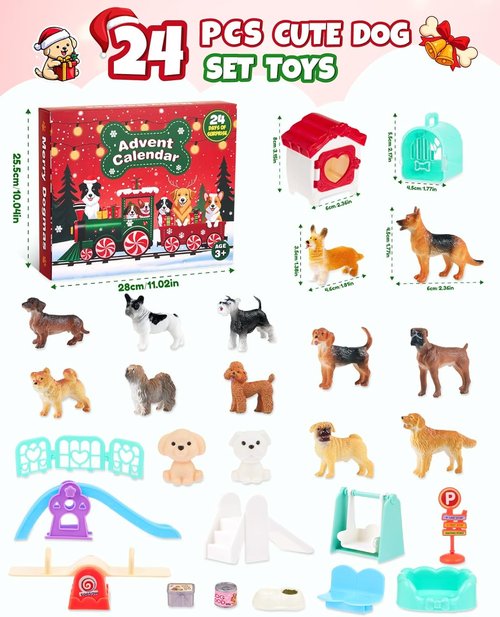 Dog Advent Calendar 2025 - 24 Days of Fun with 12 Dog Figurines & Playground Accessories for Kids
