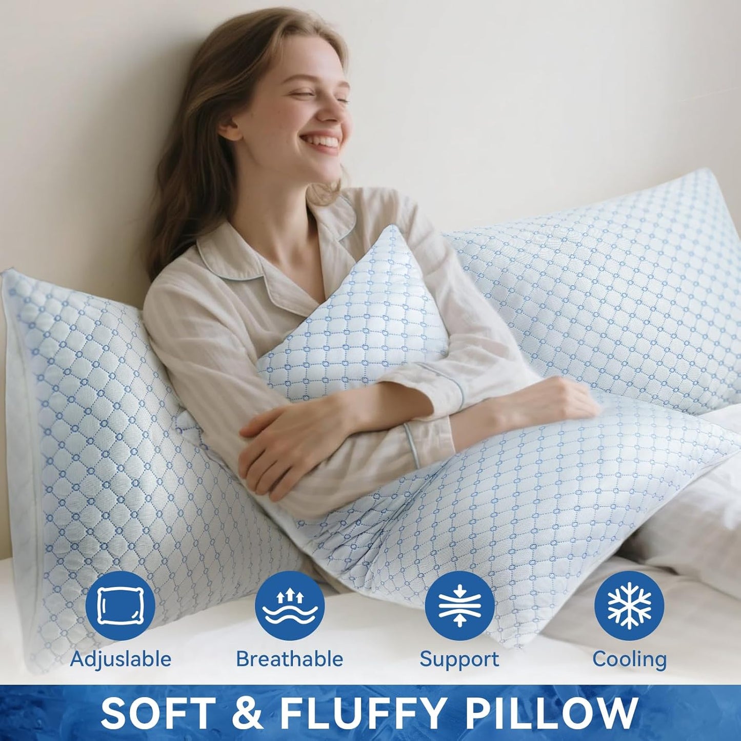 Skiennix Cooling Bed Pillows - Shredded Memory Foam for Neck Support | Adjustable Queen Size 2-Pack