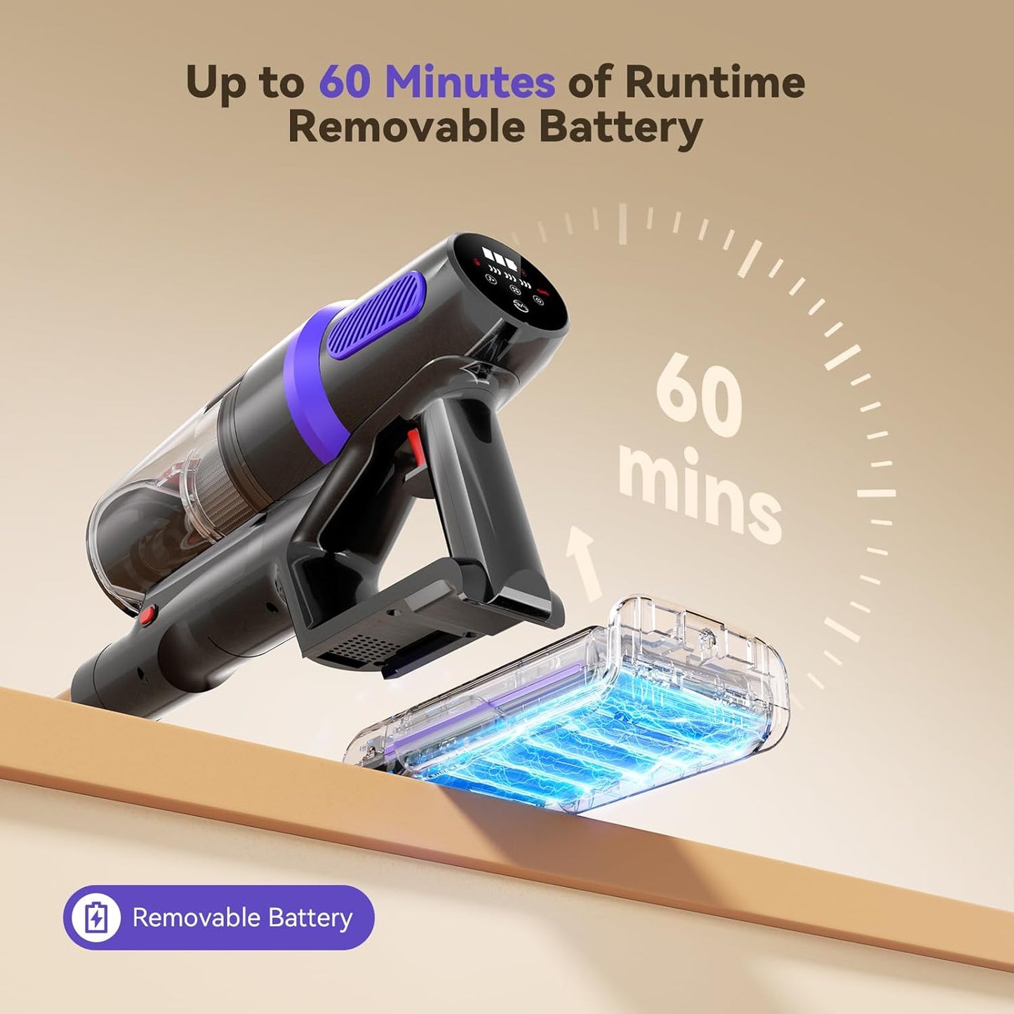 TechRise Cordless Vacuum Cleaner - 500W Stick Vacuum with Anti-Tangle Brush | 60-Min Runtime, LED Display, Lightweight for Hardwood & Carpet