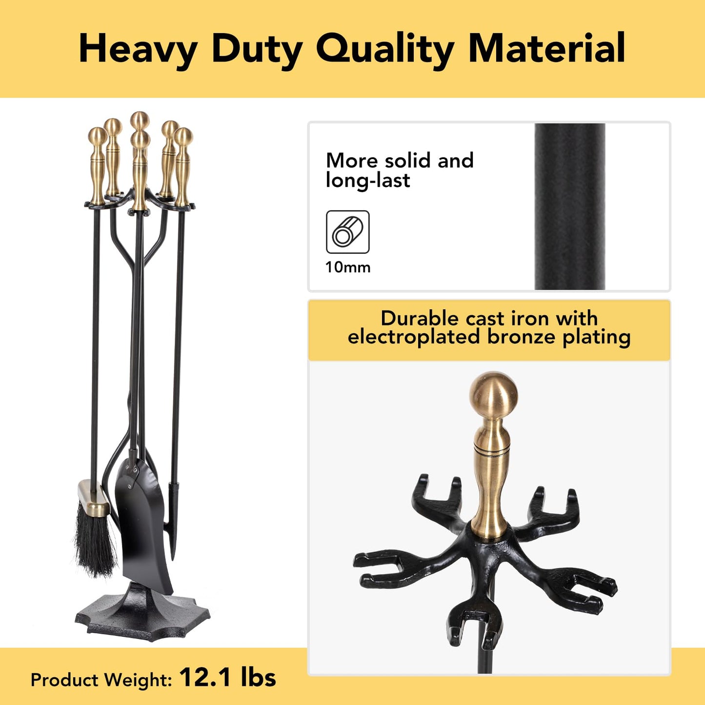 nalone 5 Pieces Fireplace Tools Set, Brass Handles Wrought Iron Fireplace Accessories Set with Poker, Tong, Shovel, Brush, Fire Place Tools Indoor Outdoor (Antique Bronze)