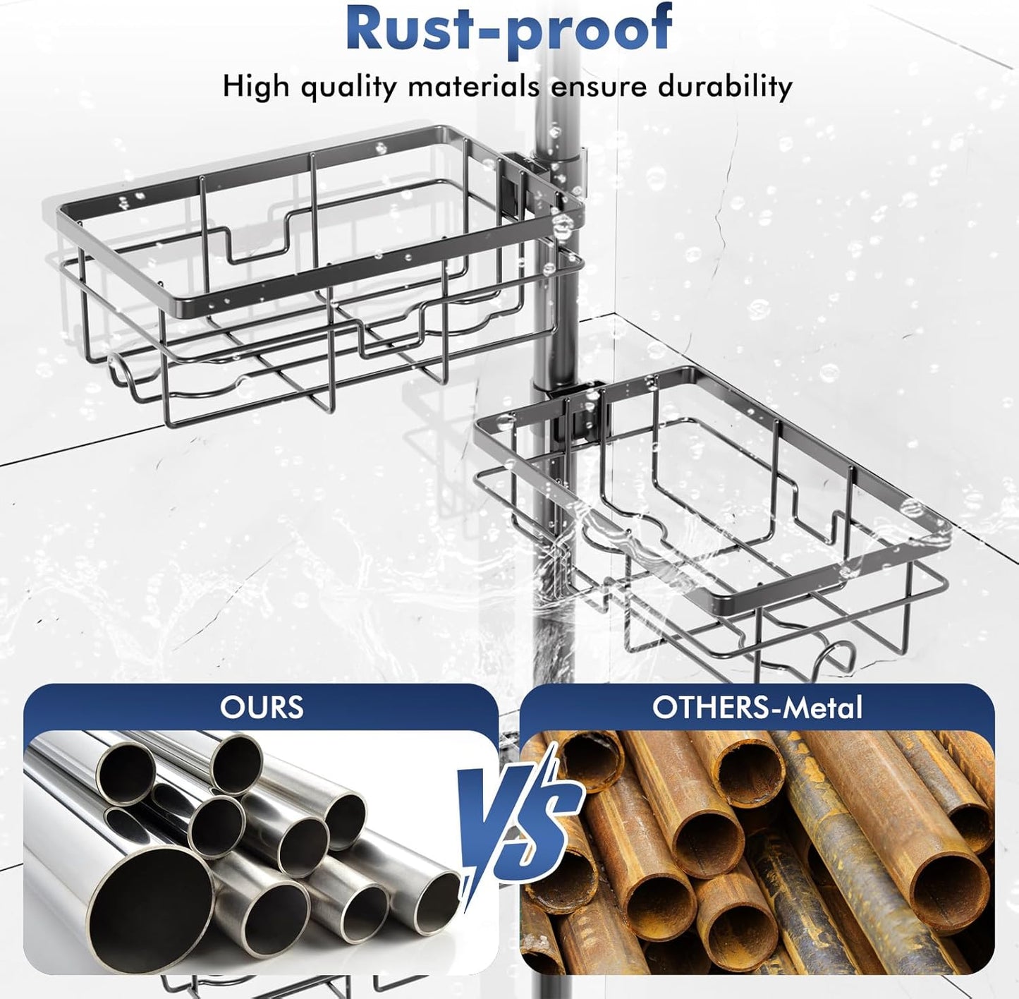 Shower Caddy Organizer - Rustproof Tension Pole with Adjustable 30-120 Inch Rack & Extra Towel Bar | Black
