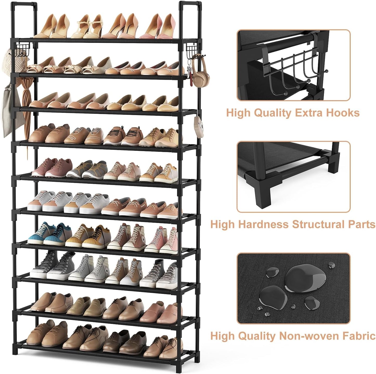 VTRIN 10-Tier Shoe Rack - Tall Large Capacity Organizer with Hooks | Sturdy Metal Shelf for Entryway & Closet