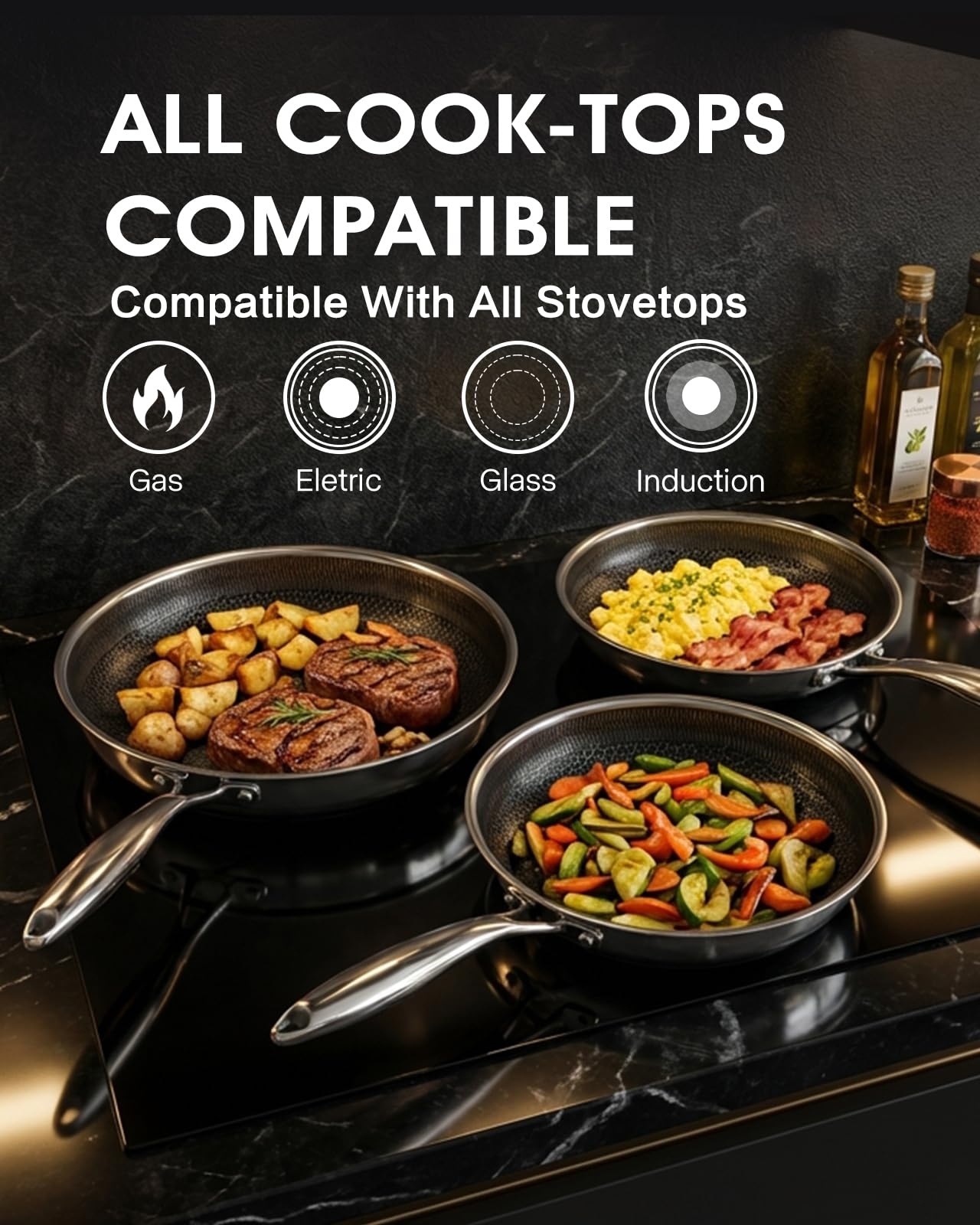 Non Stick Frying Pans Set 8, 10, and 12 Inch 6 Pcs Skillet with Tempered Glass Lids, Stay-cooling Handle, PFOA Free Non Toxic Dishwash & Oven Safe Kithchen Cookware Set Compatible All Cooktops