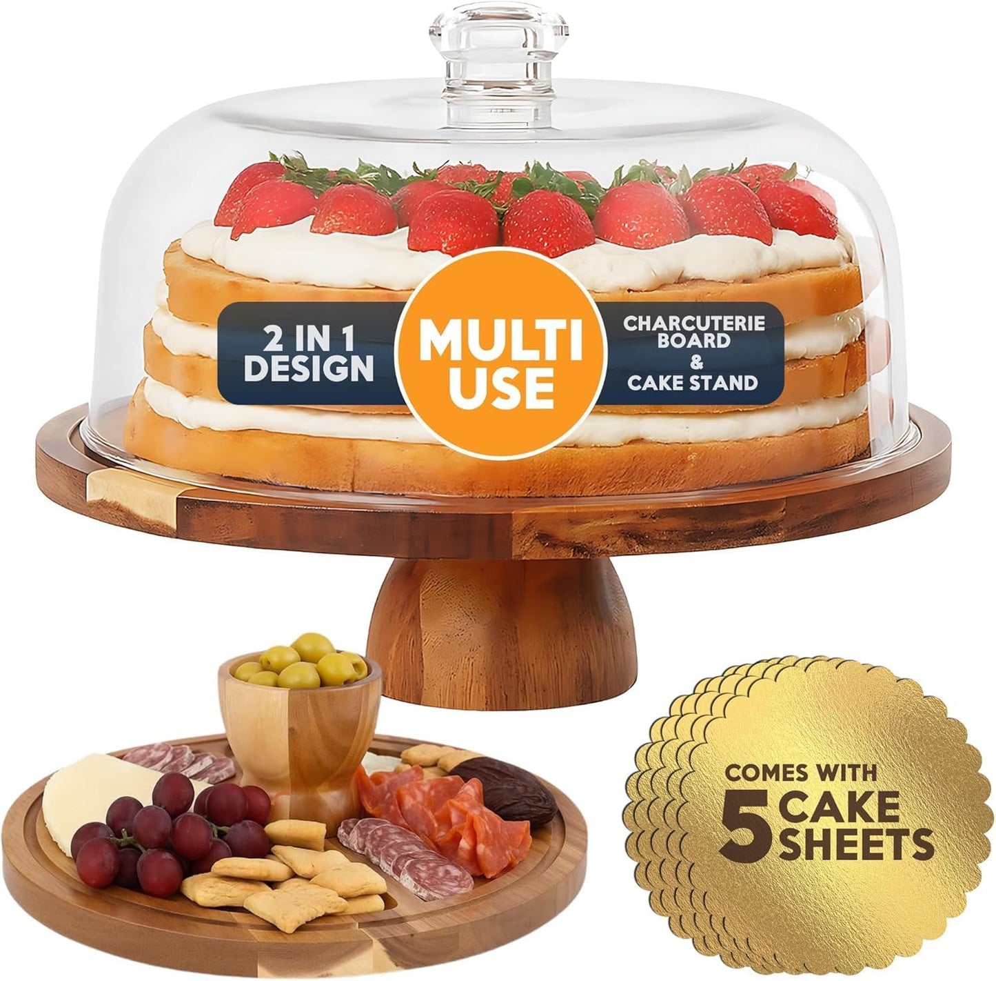 Linda’s Essentials Acacia Wood Cake Stand - 12-Inch Round Holder with Lid & Bonus Cake Sheets | Versatile Dome & Charcuterie Board