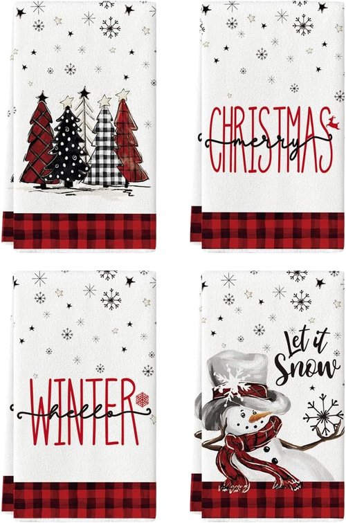 Artoid Mode Christmas Kitchen Towels - Red Black Buffalo Plaid Snowman Design | Set of 4, 18x26 Inch