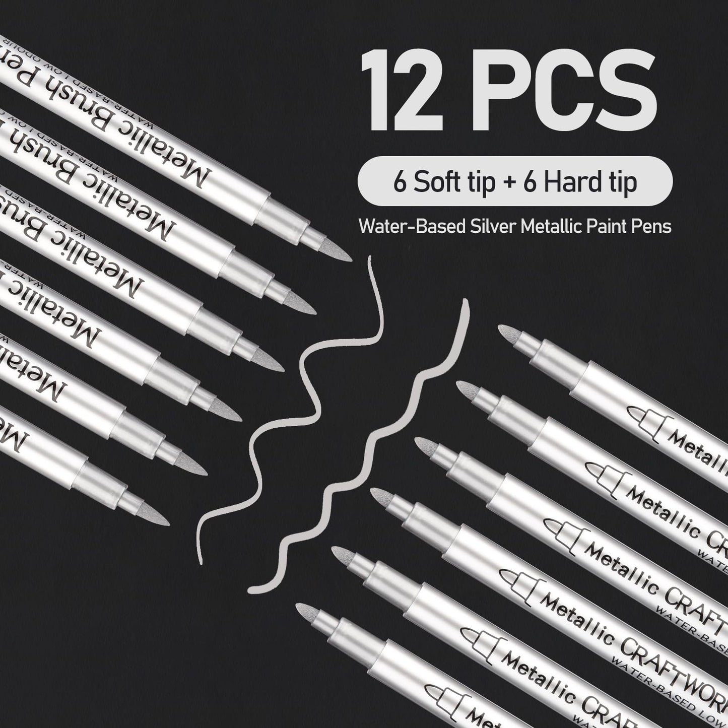 Snailmart 12Pcs Silver Paint Pens,Acrylic Silver Permanent Marker for Rock Painting, Wood, Metal, Fabric, Plastic, Canvas, Glass, Ceramic, Diy Crafts(6 Round tip + 6 Brush tip)