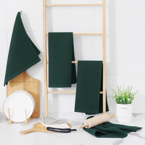 Homaxy 100% Cotton Waffle Weave Dish Towels - Ultra Soft & Absorbent | 13 x 28 Inches, 4-Pack, Blackish Green