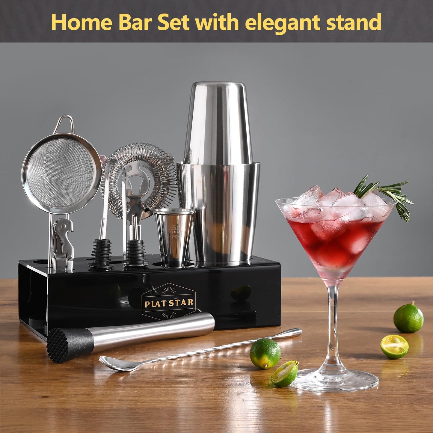Plat Star Mixology Bartender Kit with Stand, Home Bar Set Cocktail Shakers Bartending Kit, Bar Tools Boston Shaker Set, Professional Drink Mixing Martini Making Barware with Recipe Book