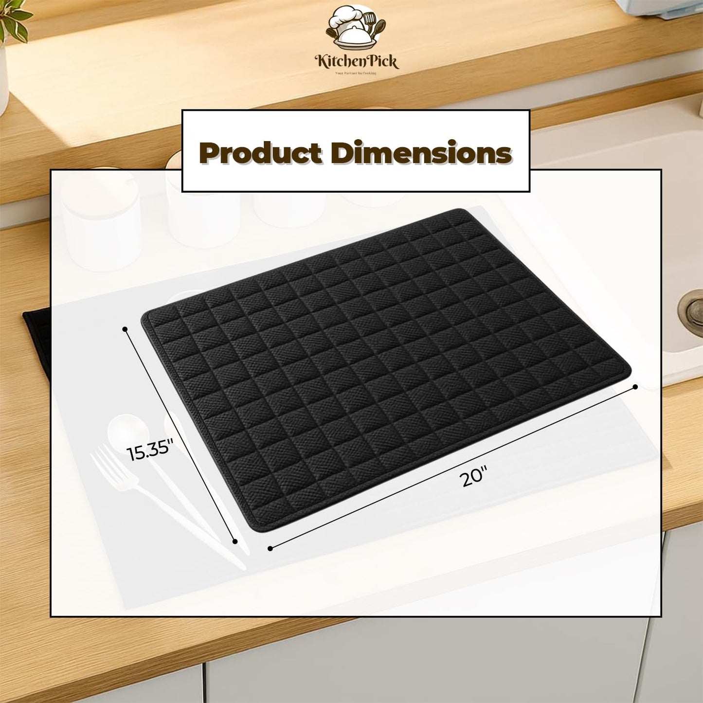 KitchenPick Microfiber Dish Drying Mat 15" x 20", Large Water-Absorbent Dish Drying Mat, Soft Quick-Dry Mat for Sink Dishes, Pots and Pans, Machine Washable Black Dish Drying Matt Kitchen Counter