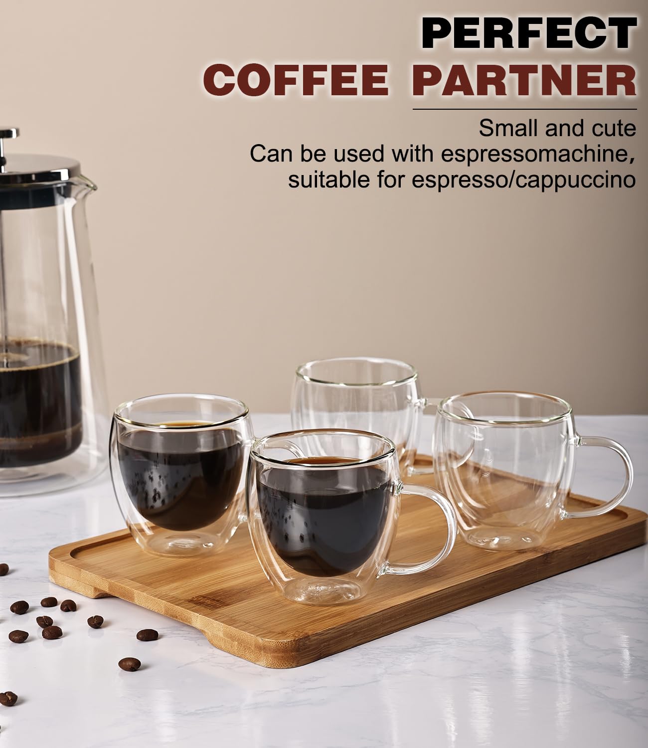 Potdoctor Espresso Cups Set of 4,5oz Hand Blown Double Walled Insulated Espresso Coffee Mugs with Handle,Perfect for Cappuccino, Latte, Tea, Clear Glass Espresso Shot Cups Suitable for Coffee