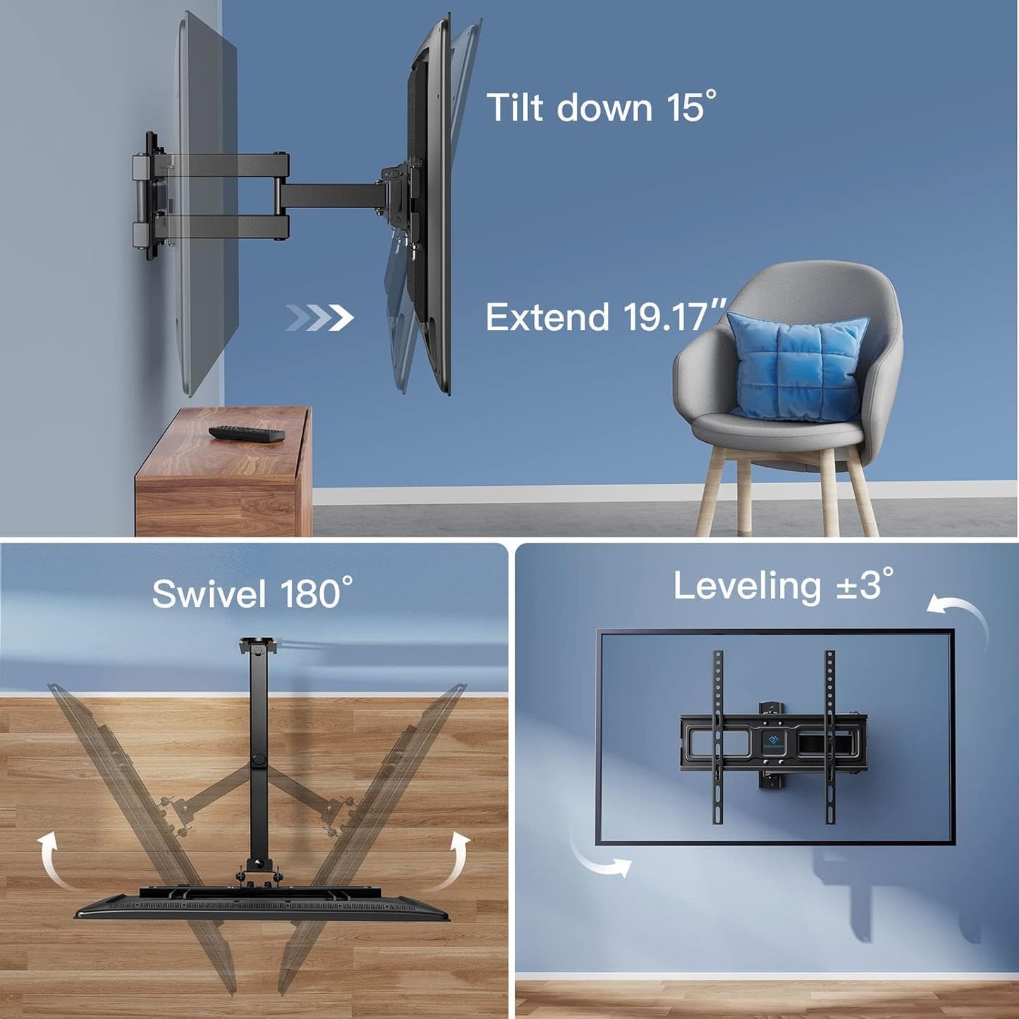 Perlesmith Corner TV Wall Mount - Full Motion Bracket for 26-65 Inch TVs up to 70 lbs | Swivel, Tilt, Level