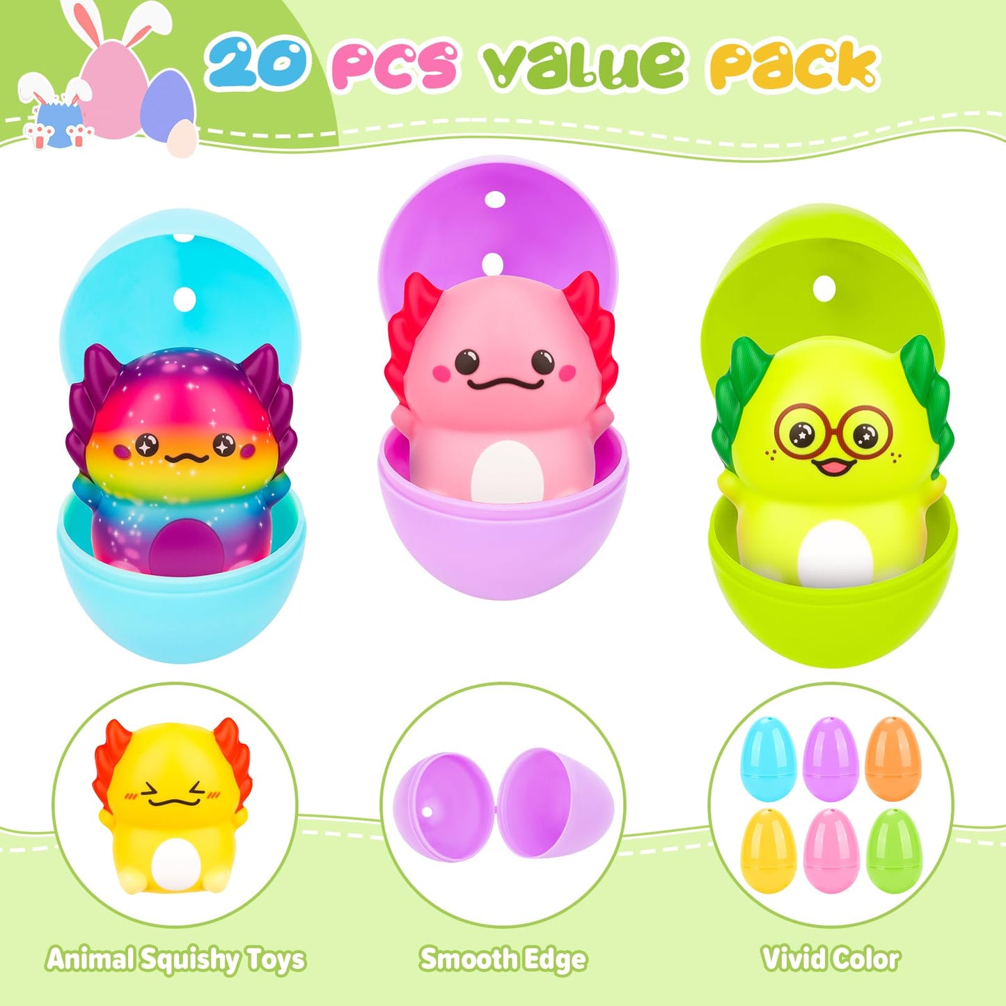 PAKSPAK 20 Pack Easter Eggs Fillers with Axolotl Squishy Toys Inside Easter Basket Stuffers Easter Egg Hunt Easter Party Favors for Kids