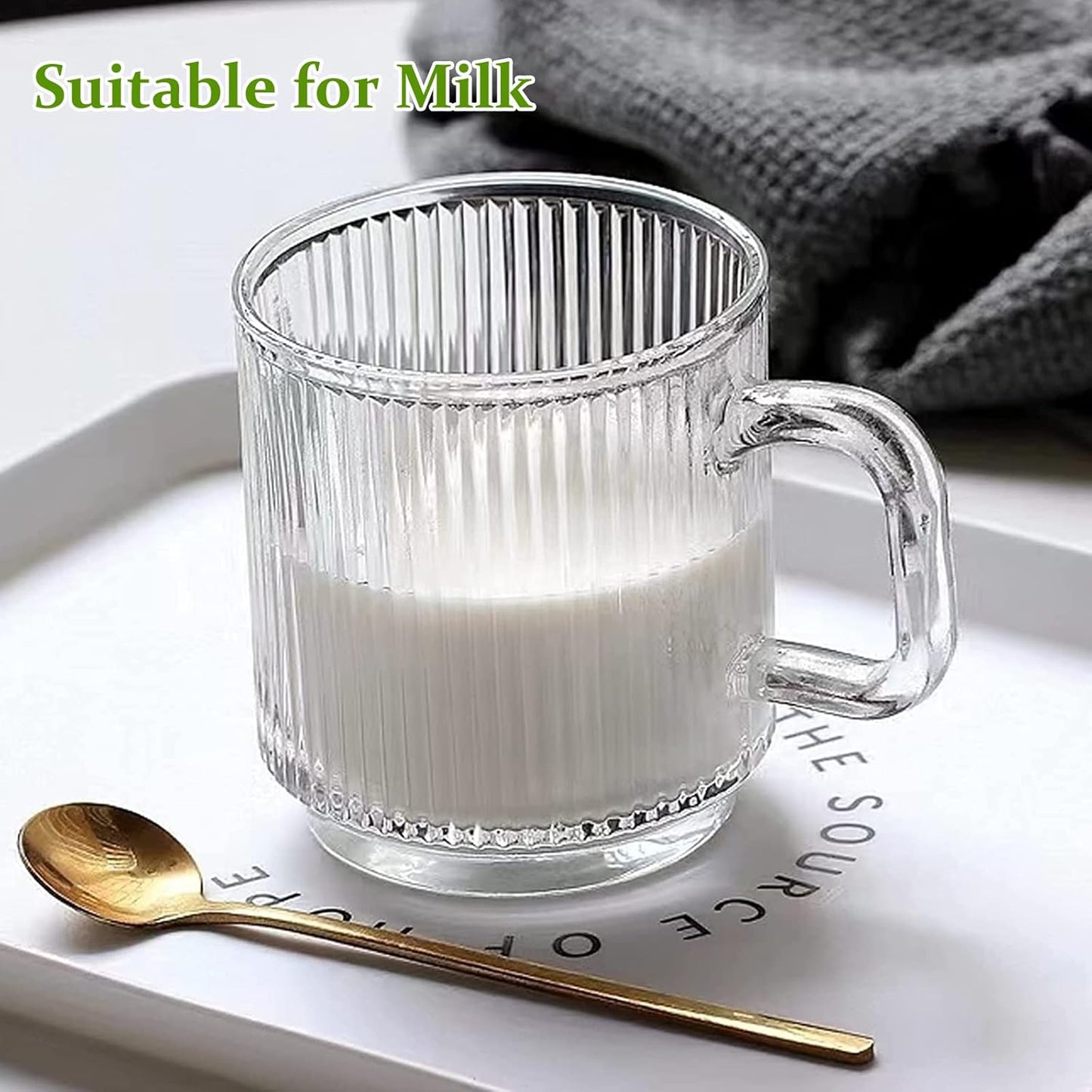 Qipecedm 12 OZ Premium Glass Coffee Mugs - Classic Vertical Stripes | Set of 6 for Hot/Cold Beverages