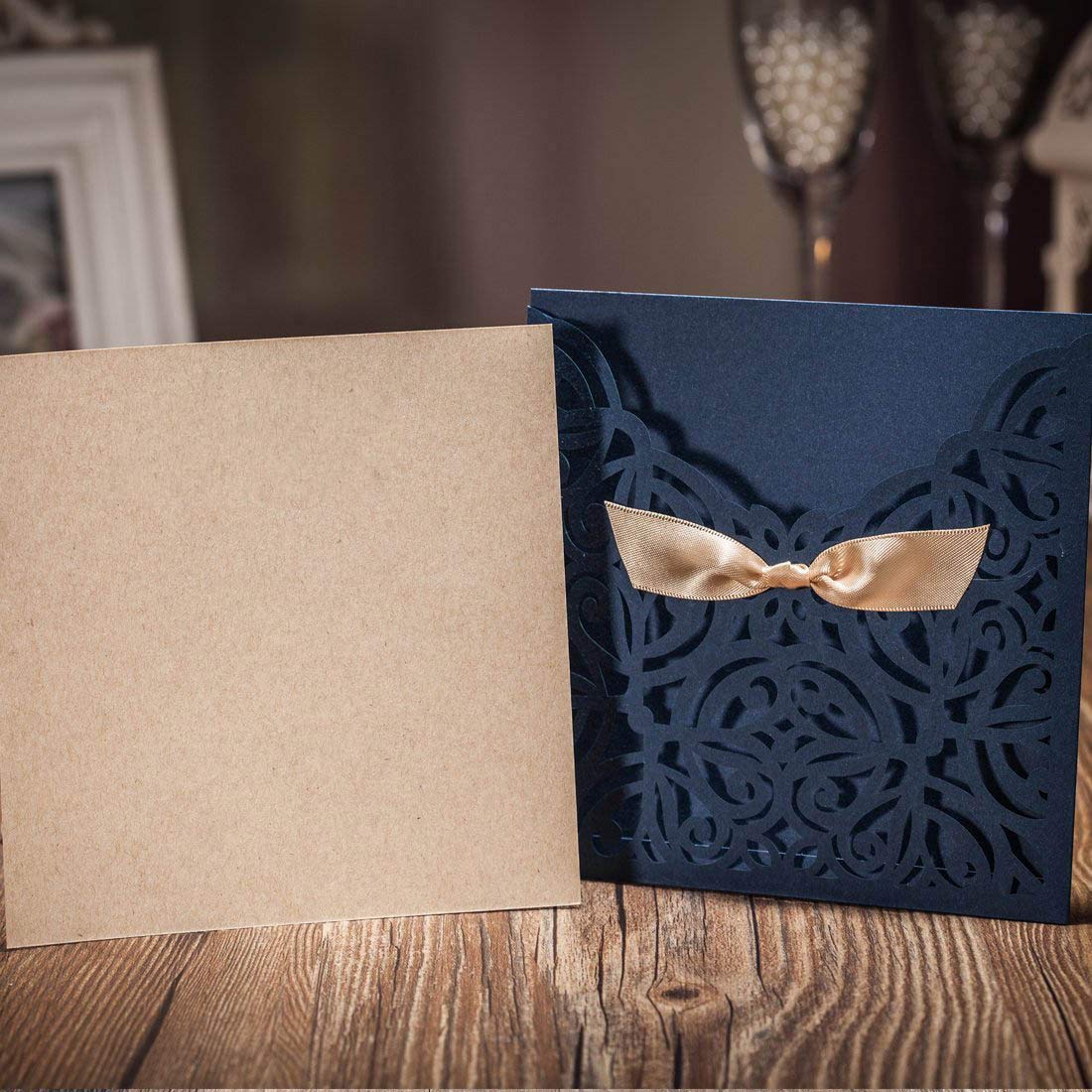 WISHMADE Jofanza 5.9x5.9 Inch 50PCS Navy Blue Laser Cut Wedding Invitation Cards with Bowknot and Envelopes Kraft Paper Blank invitation for Wedding Engagement Party Invite