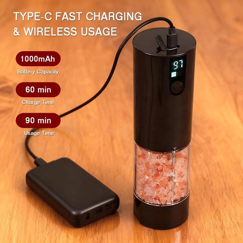 Fresh World Electric Salt and Pepper Grinder Set - Rechargeable, LED Light, Adjustable Coarseness | Black, 2-Pack