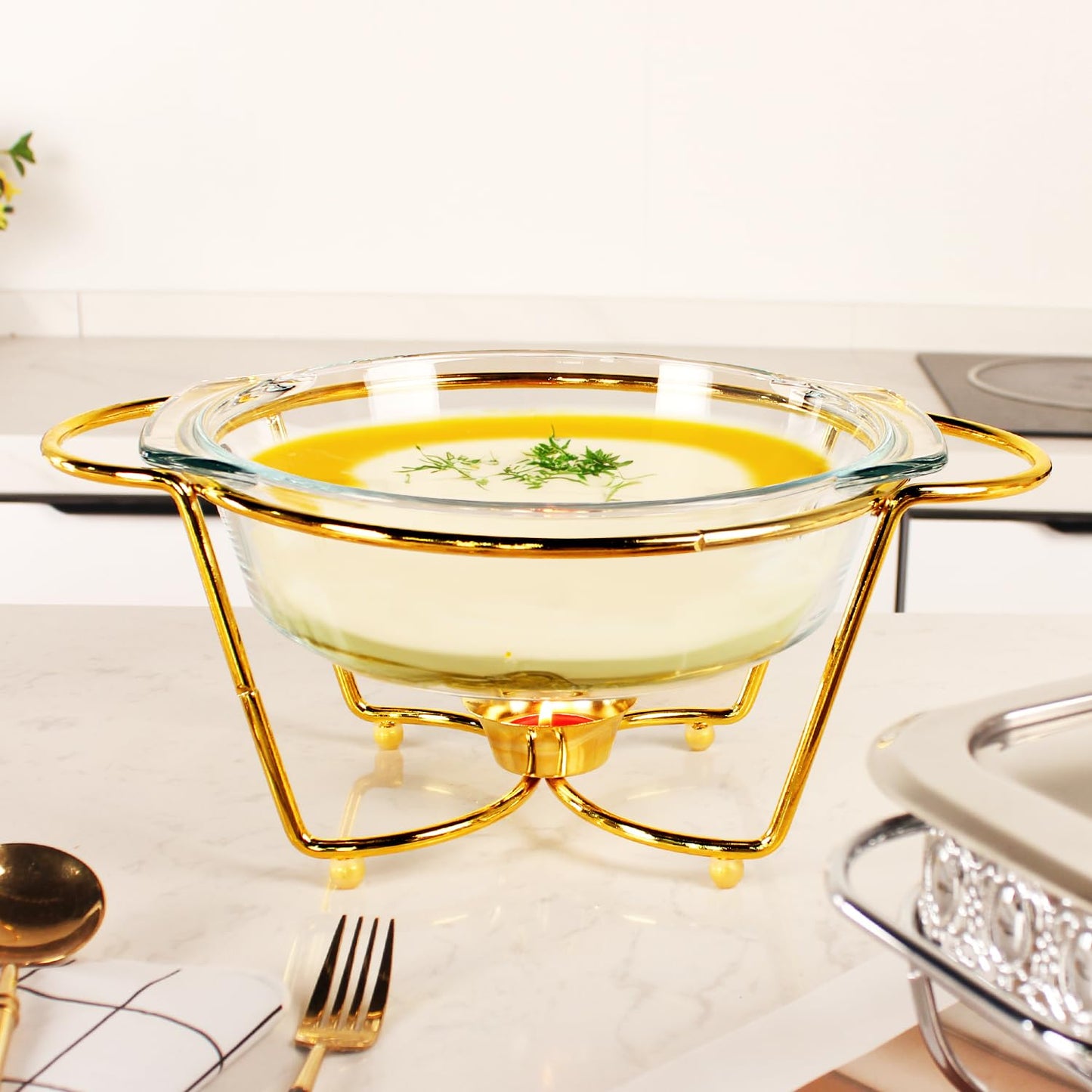 jinsongdafa Casserole Dish 9" Glass Baking Dish with Stainless steel Lid and Golden rack, 1.5 Qt round Baking Pan For Casserole & Lasagna, Microwave Dishwasher Freezer Oven Safe