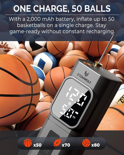 ETENWOLF P200 Electric Ball Pump - 2000mAh Air Pump with Digital Pressure Gauge | Fast Inflation for Sports Balls