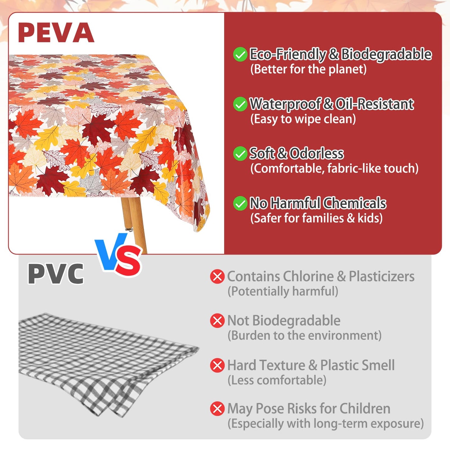 NESAYVER Fall Vinyl Tablecloth with Flannel Backing for Rectangle Tables 52x70 Inches,Waterproof Wrinkle & Stain Resistant Thanksgiving Decorations Fit for Dining Parties Buffets Weddings,Maple Leaves