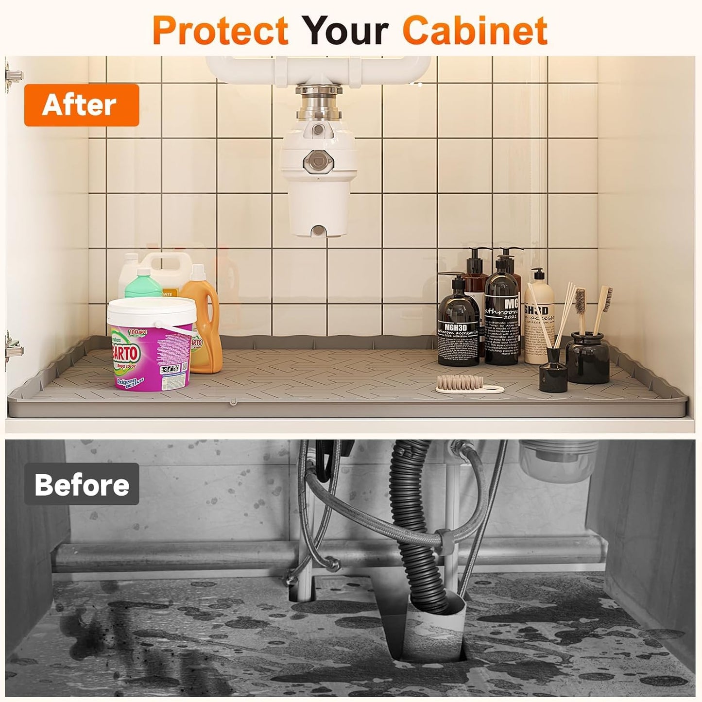 Sevenblue Under Sink Mat - Waterproof Silicone Liner & Drip Tray | 34" x 22" | Grey
