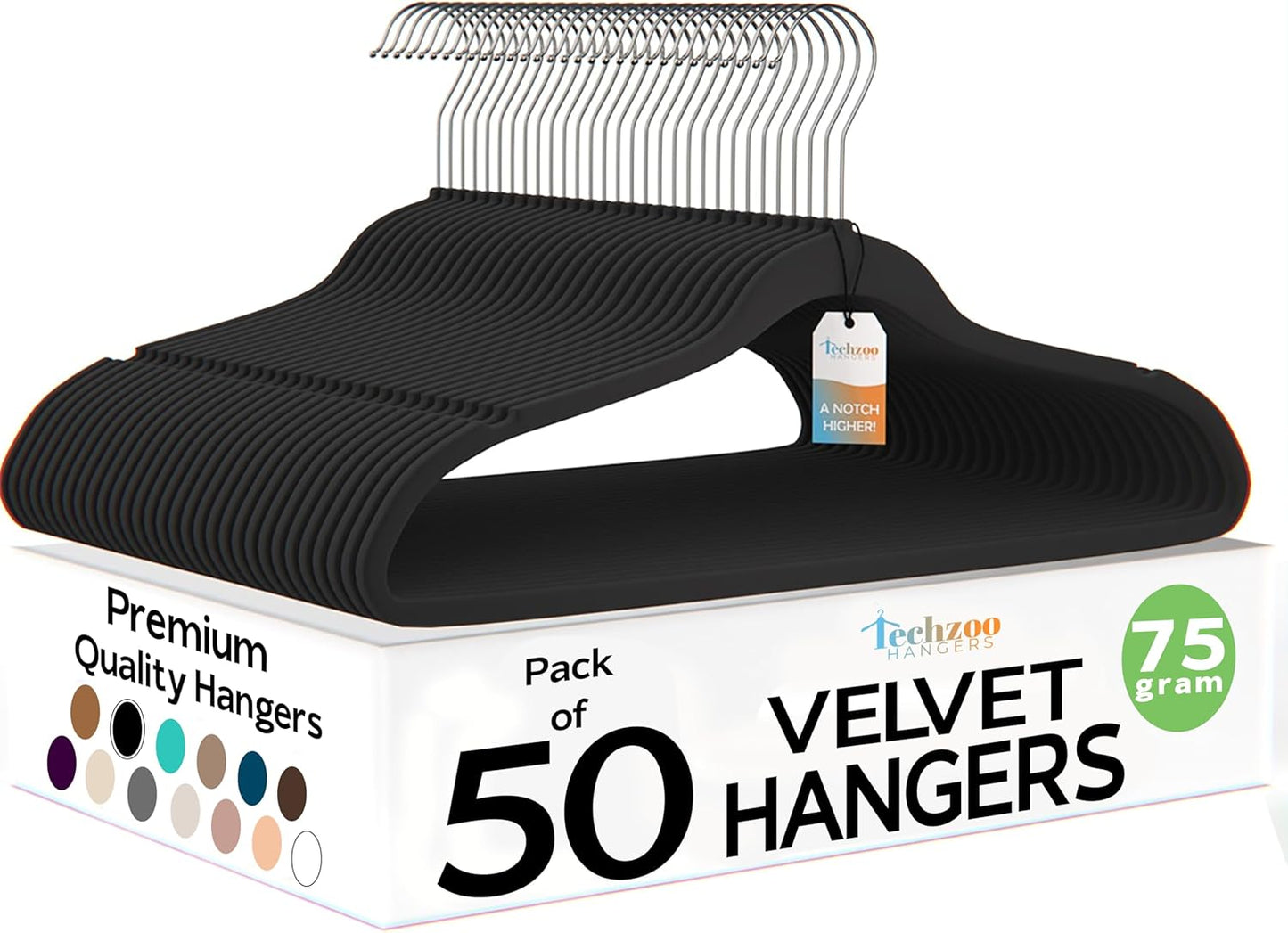 Techzoo Velvet Hangers - Ultra Thin Non-Slip Space-Saving Design | 50 Pack, Heavy Duty, Black