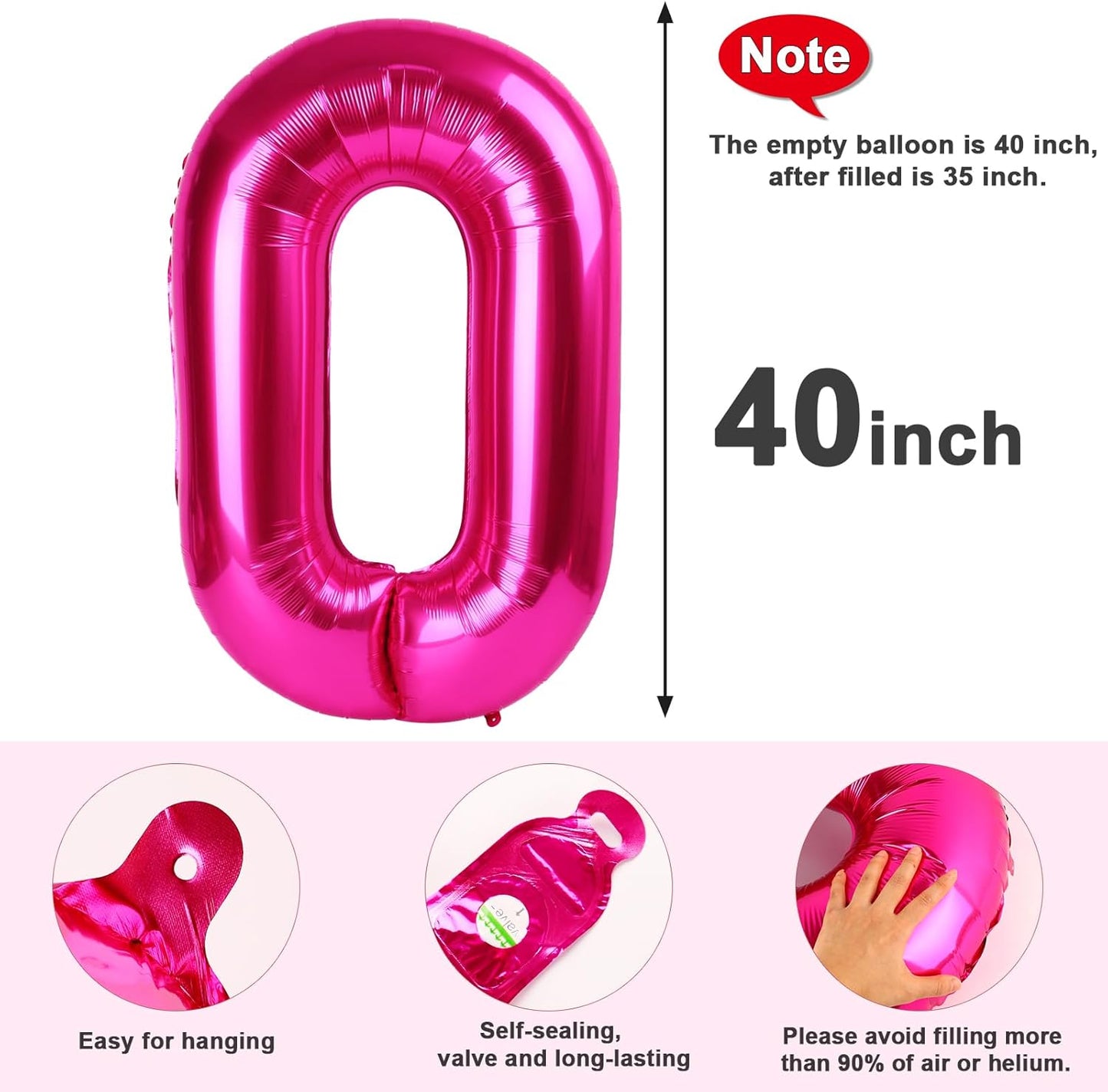 Number 0 Balloons - 40 Inch Hot Pink Number Balloons for Birthday, Wedding & Baby Shower Decor