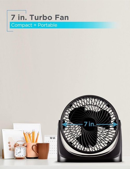BLACK+DECKER 7-Inch Portable Turbo Fan - 3-Speed Desktop Cooling with 90° Tilt Angle, Black