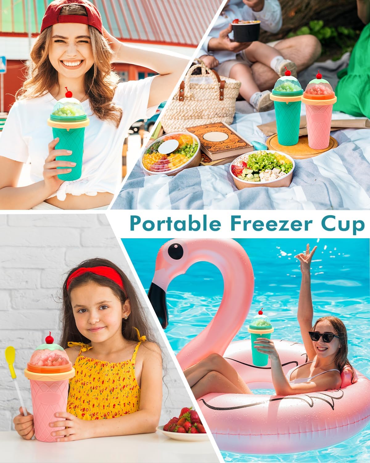 Skiennix Slushie Cup - Portable Smoothie Maker with Lids & Straws | Perfect for Juices & Ice Cream (Pink)