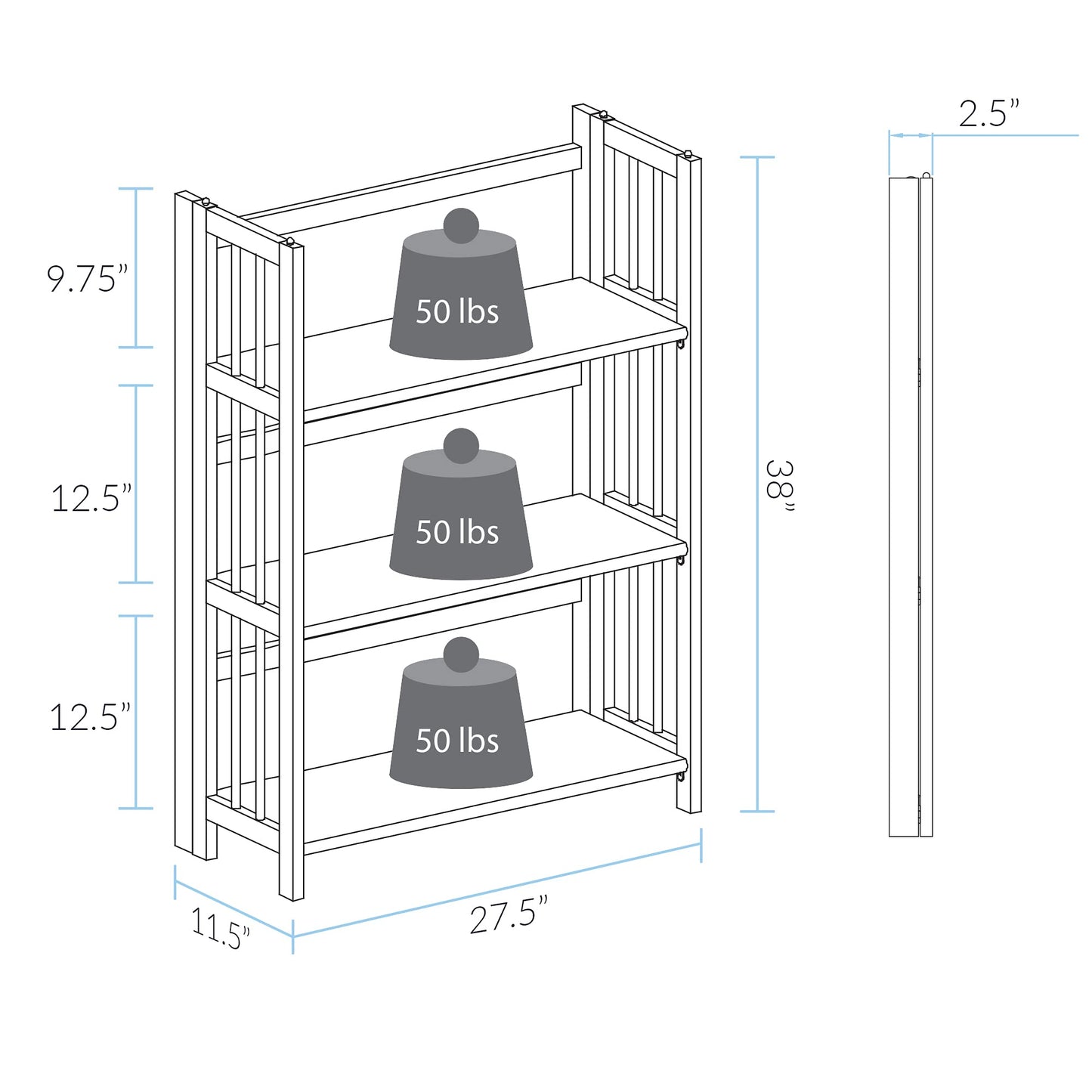 Casual Home 3-Shelf 27.5" Wide Folding Stackable Bookcase, White (New)